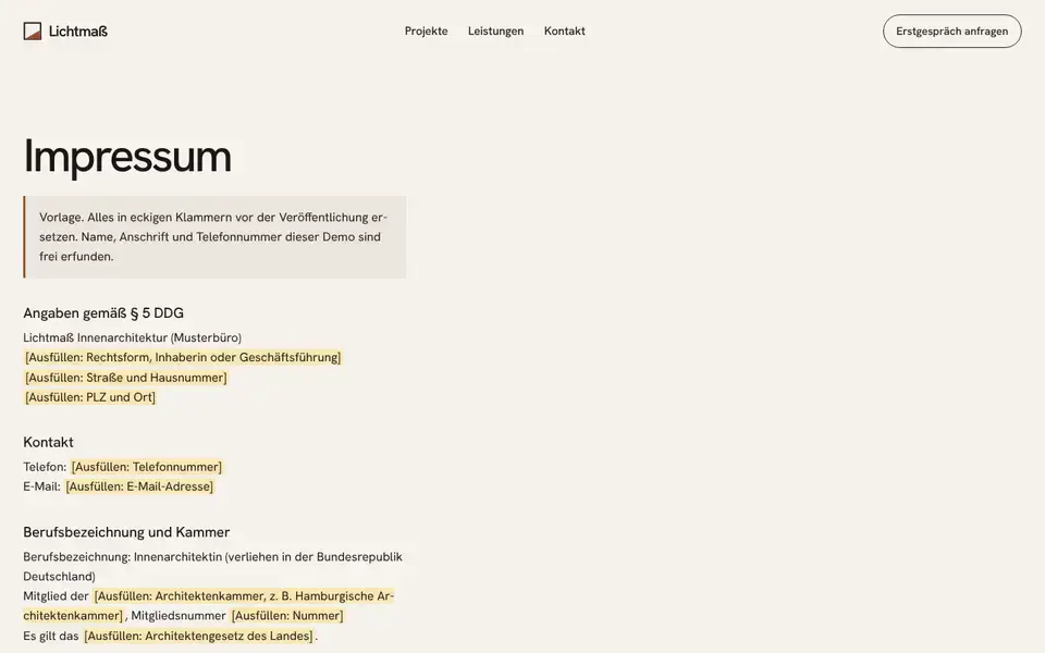 Lichtmaß, page "Impressum (Vorlage § 5 DDG)", first screen