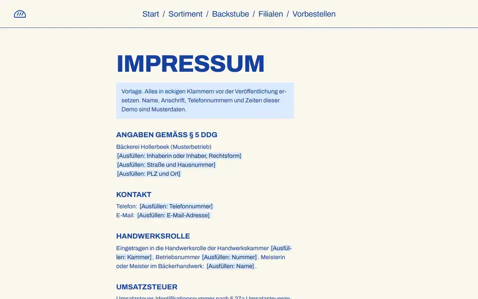 Hollerbeek, page "Impressum (Vorlage § 5 DDG)", first screen