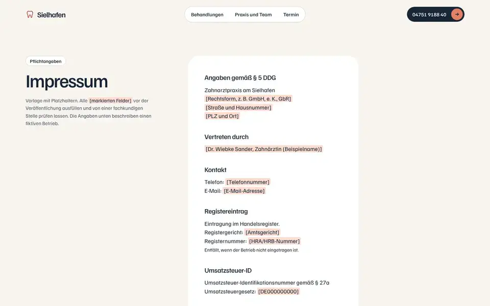 Sielhafen, page "Impressum (Vorlage § 5 DDG)", first screen