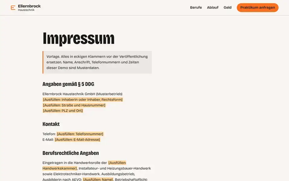 Ellernbrock, page "Impressum (Vorlage § 5 DDG)", first screen