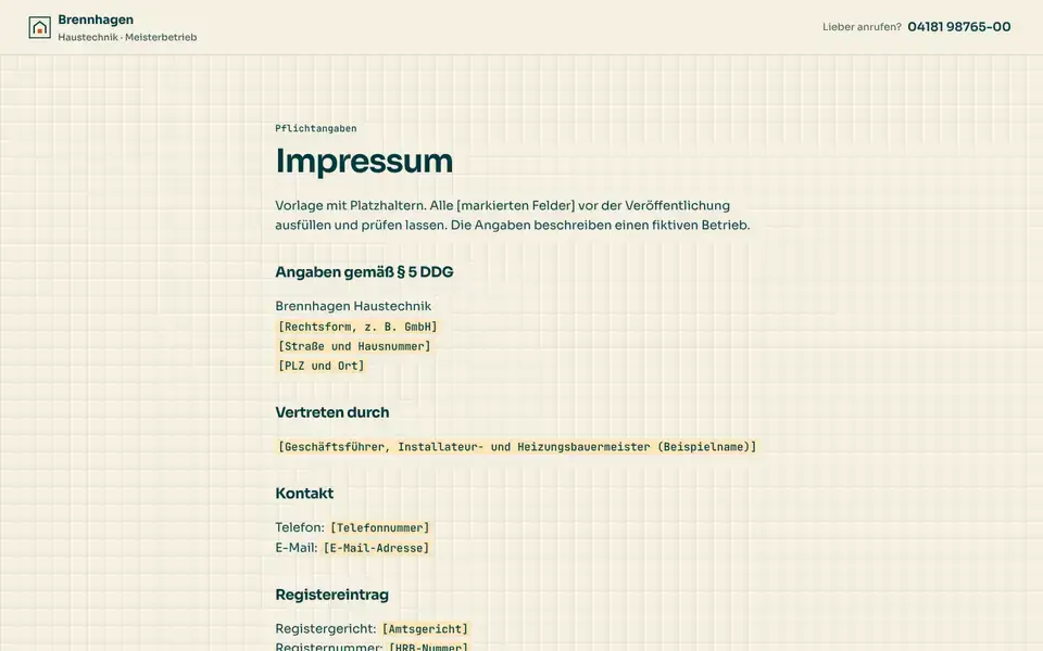 Brennhagen, Seite „Impressum (Vorlage § 5 DDG)“, erster Bildschirm