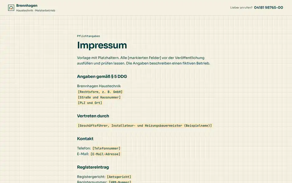 Brennhagen, page "Impressum (Vorlage § 5 DDG)", first screen