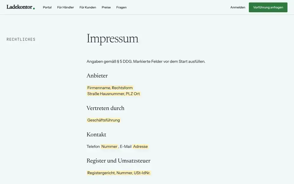 Ladekontor, Seite „Impressum (Vorlage § 5 DDG)“, erster Bildschirm