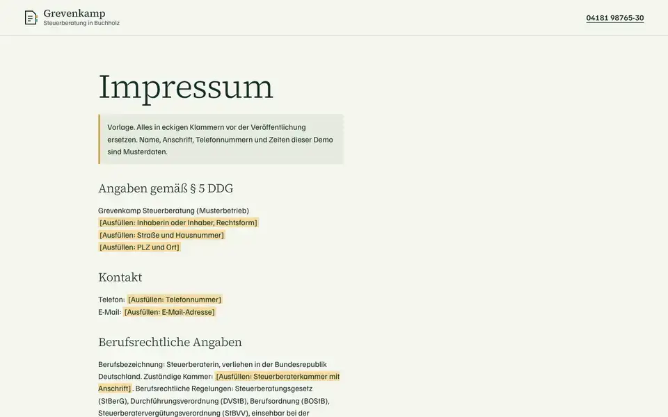 Grevenkamp, page "Impressum (Vorlage § 5 DDG, Berufsrecht)", first screen