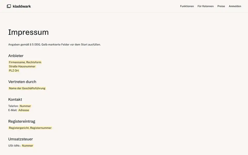 Kladdwark, page "Impressum (Vorlage § 5 DDG)", first screen