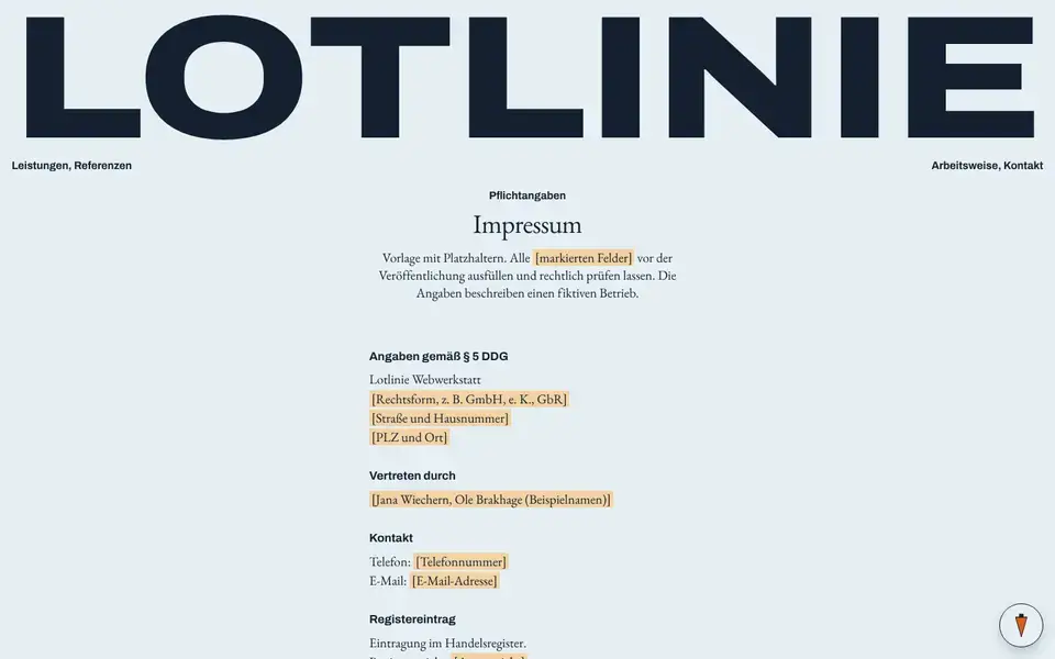 Lotlinie, page "Impressum (Vorlage § 5 DDG)", first screen