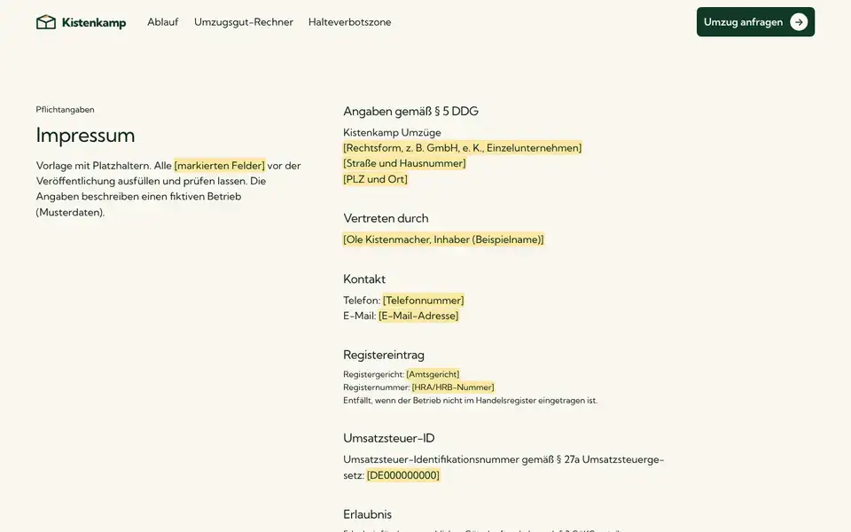 Kistenkamp, Seite „Impressum“, erster Bildschirm