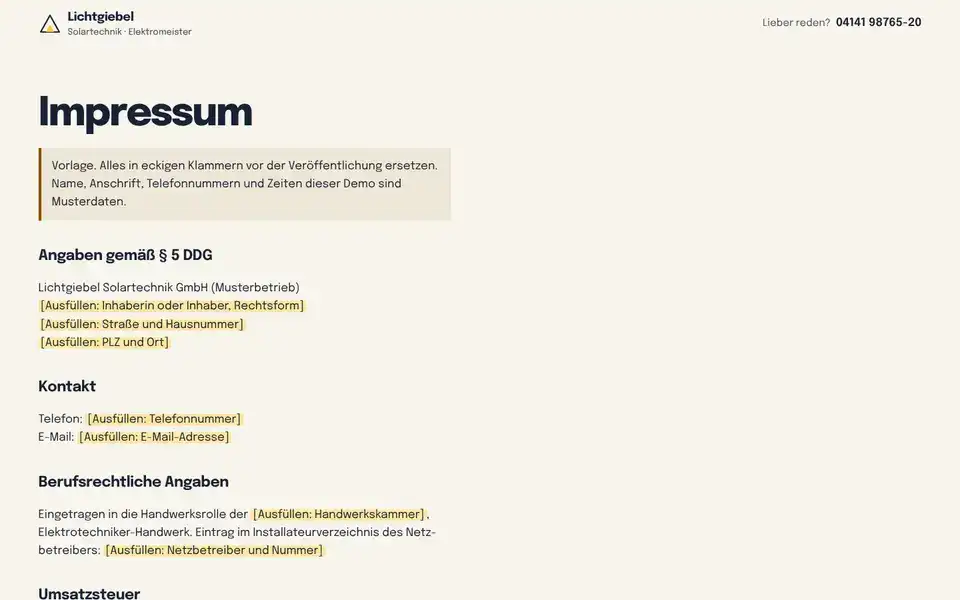 Lichtgiebel, page "Impressum (Vorlage § 5 DDG)", first screen