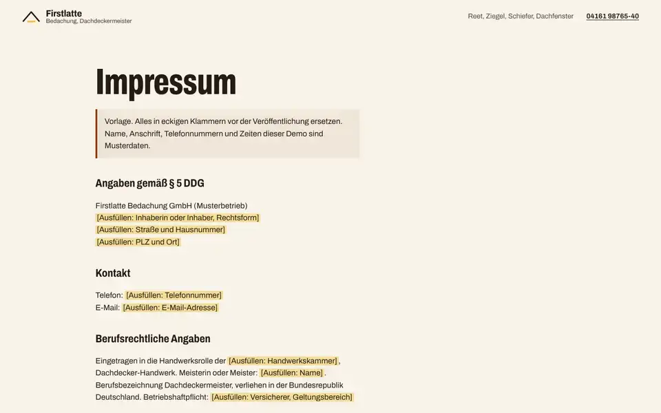 Firstlatte, page "Impressum (Vorlage § 5 DDG)", first screen