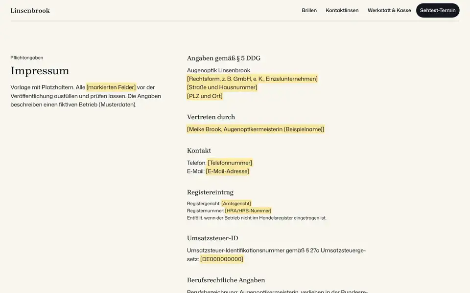 Linsenbrook, Seite „Impressum“, erster Bildschirm