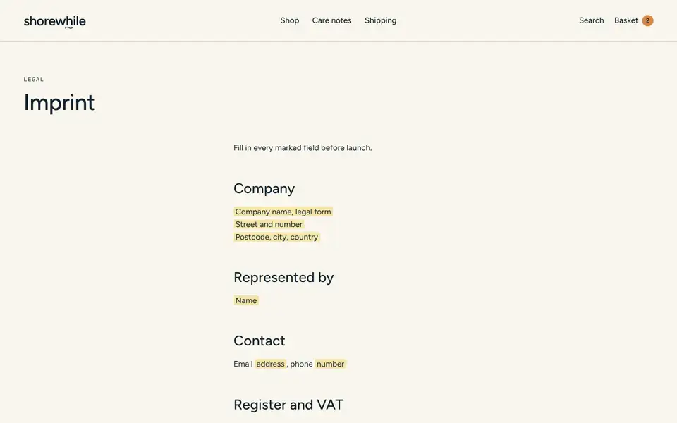 Shorewhile, page "Imprint (template)", first screen