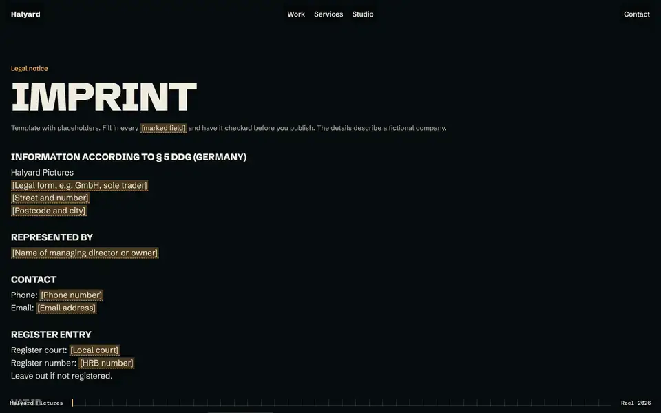 Halyard, page "Imprint (template)", first screen