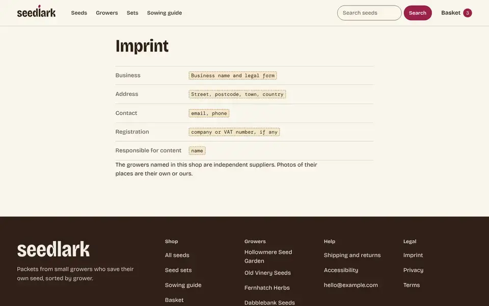 Seedlark, page "Imprint (template)", first screen