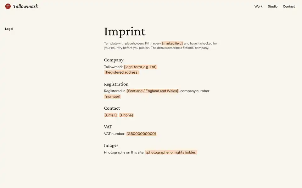 Tallowmark, page "Imprint (template)", first screen
