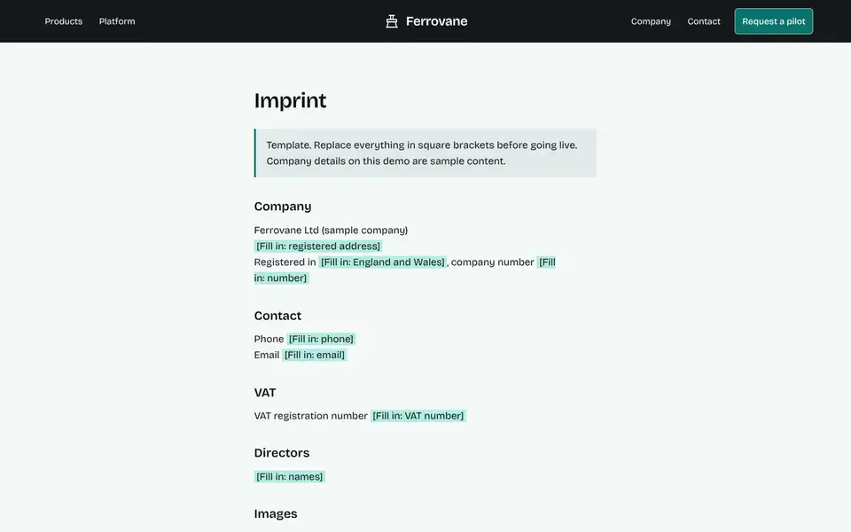 Ferrovane, page "Imprint (template)", first screen