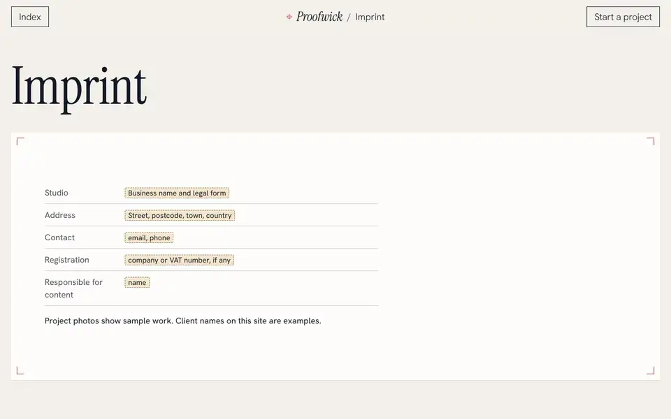 Proofwick, page "Imprint (template)", first screen