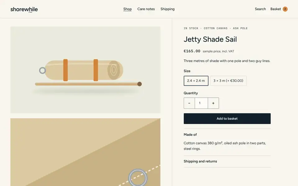 Shorewhile, page "Product: Jetty Shade Sail", first screen