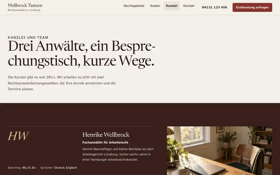 Wellbrock Tamsen, page "Kanzlei und Team", first screen