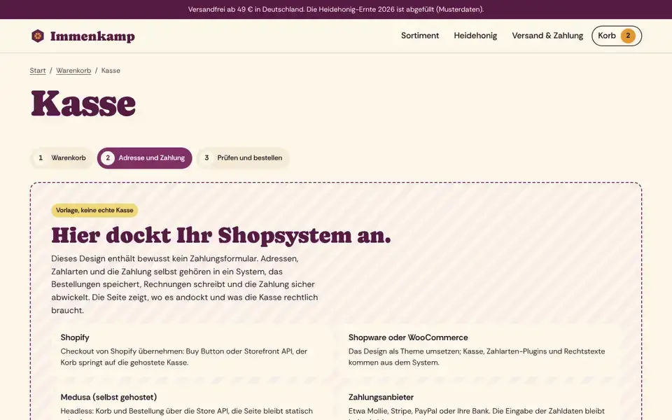 Immenkamp, page "Kasse (Vorlage)", first screen