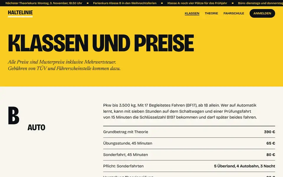 Haltelinie, Seite „Klassen und Preise“, erster Bildschirm