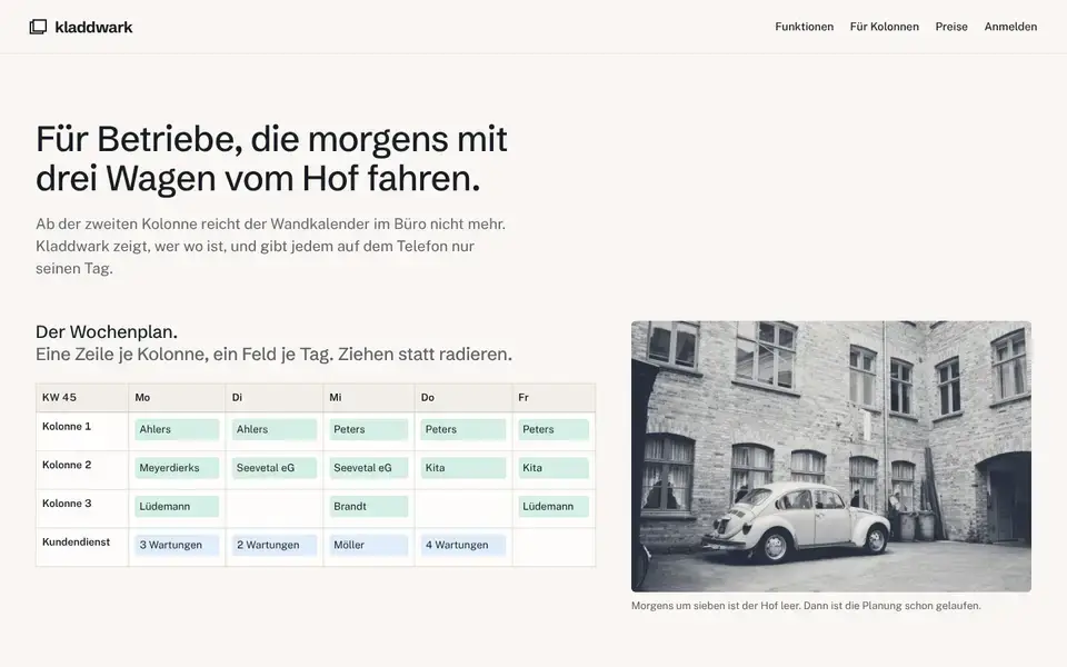 Kladdwark, page "Für Betriebe mit Kolonnen", first screen