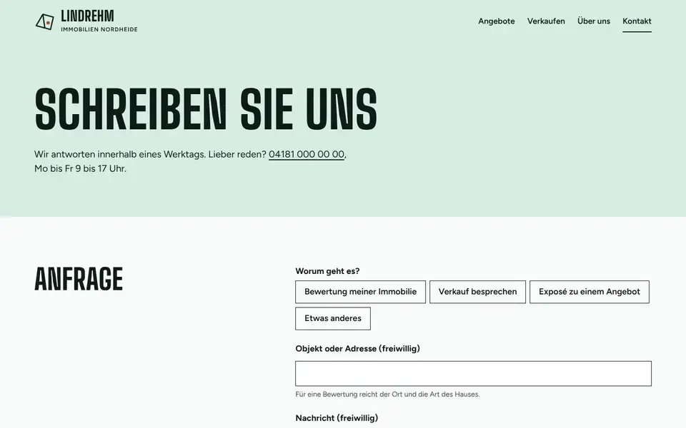 Lindrehm, page "Kontakt und Bewertung anfragen", first screen