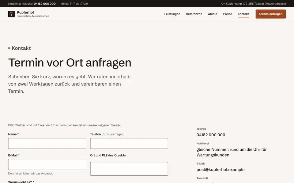 Kupferhof, Seite „Kontakt mit Anfrageformular“, erster Bildschirm