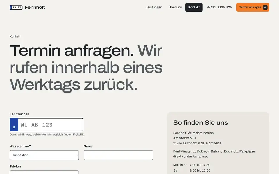 Fennholt, page "Kontakt", first screen