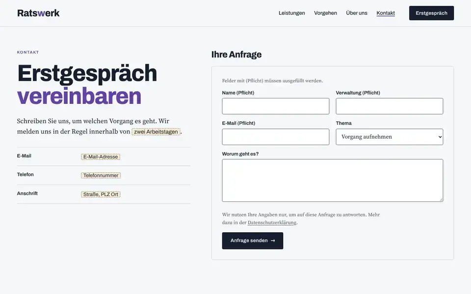 Ratswerk, Seite „Kontakt und Erstgespräch“, erster Bildschirm