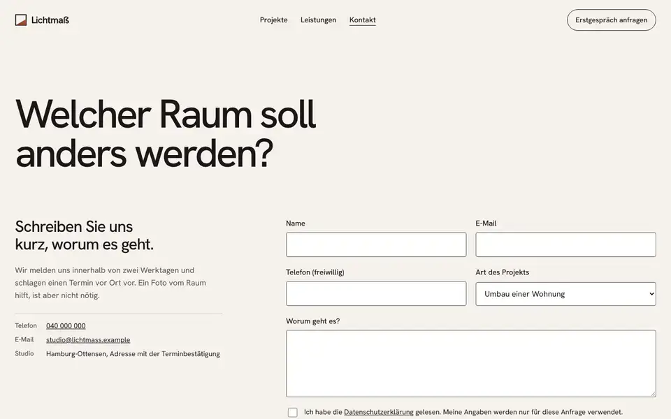 Lichtmaß, page "Kontakt mit Anfrageformular", first screen