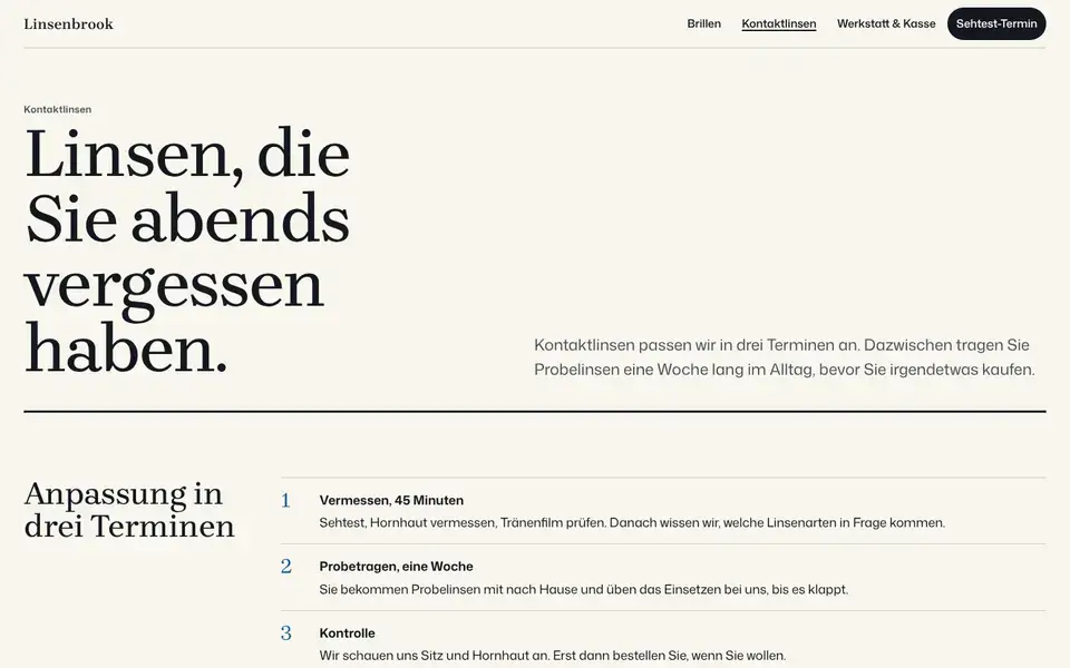 Linsenbrook, Seite „Kontaktlinsen“, erster Bildschirm