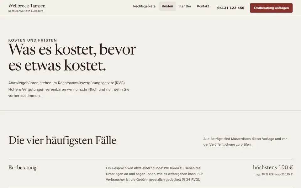 Wellbrock Tamsen, page "Kosten und Fristen", first screen