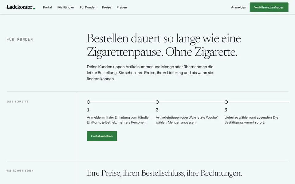 Ladekontor, Seite „Für Kunden“, erster Bildschirm
