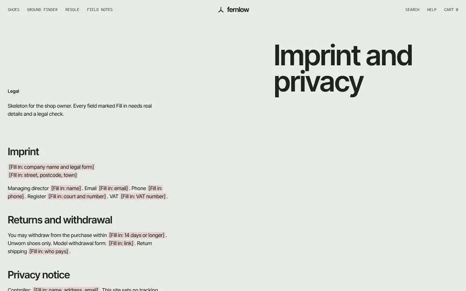 Fernlow, page "Imprint, returns, privacy, accessibility", first screen