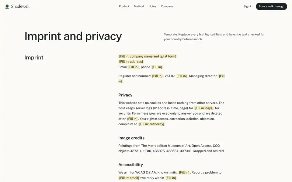 Shadewell, page "Imprint, privacy, accessibility (template)", first screen