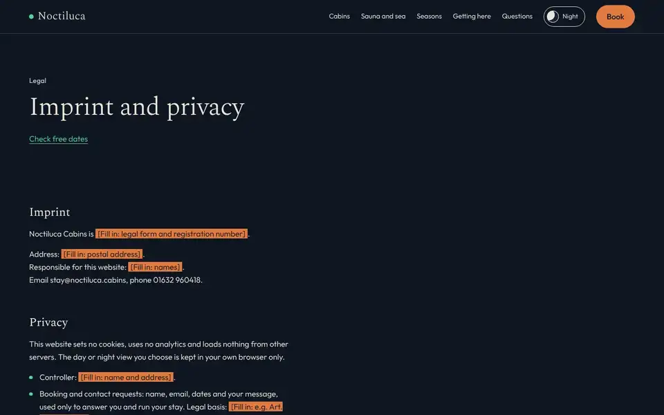 Noctiluca, Seite „Imprint and privacy“, erster Bildschirm