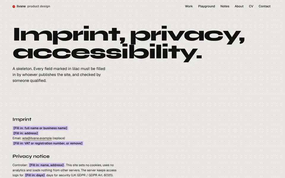 Ilvane, page "Imprint, privacy, accessibility (skeleton)", first screen