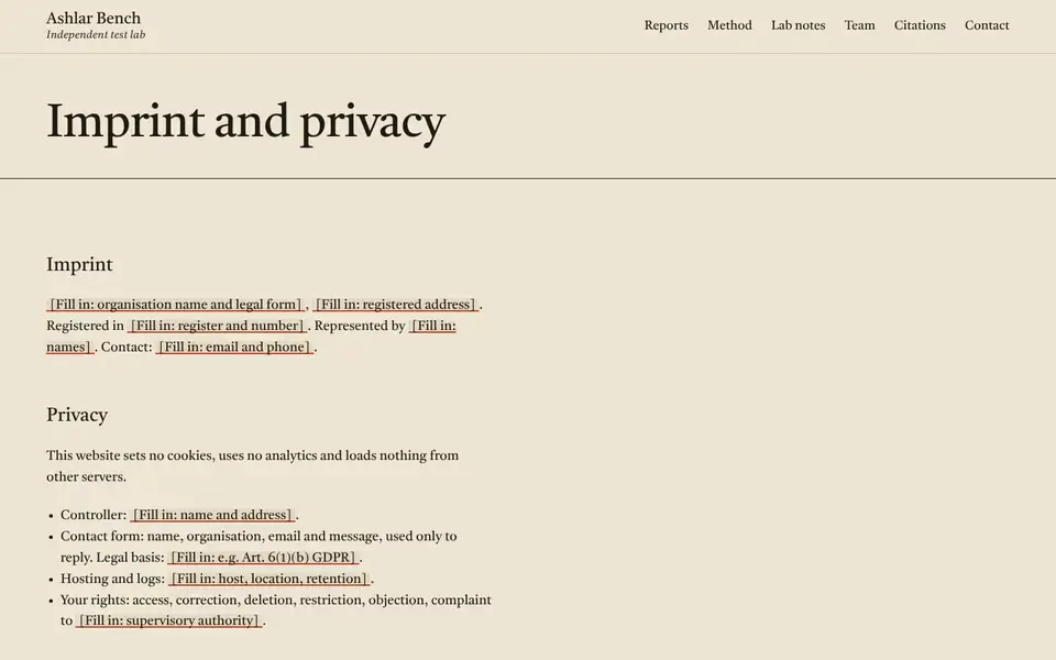 Ashlar Bench, Seite „Imprint, privacy and accessibility“, erster Bildschirm