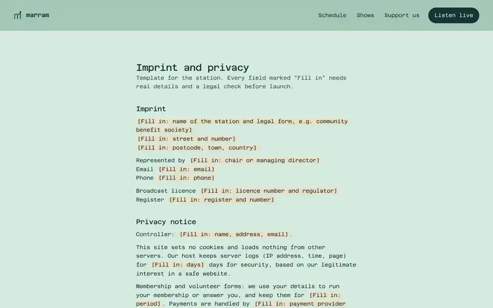 Marram Radio, page "Imprint, privacy, accessibility (template)", first screen