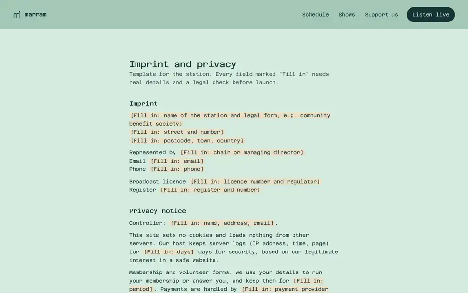 Marram Radio, Seite „Imprint, privacy, accessibility (template)“, erster Bildschirm