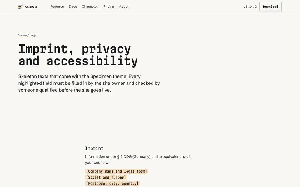 Specimen, Seite „Imprint, privacy, accessibility (skeleton)“, erster Bildschirm