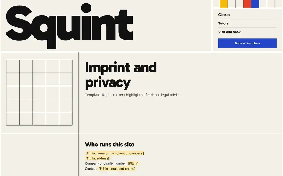 Squint, Seite „Imprint and privacy (template)“, erster Bildschirm