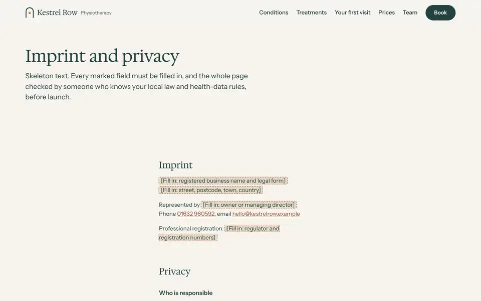 Kestrel Row, page "Imprint and privacy", first screen