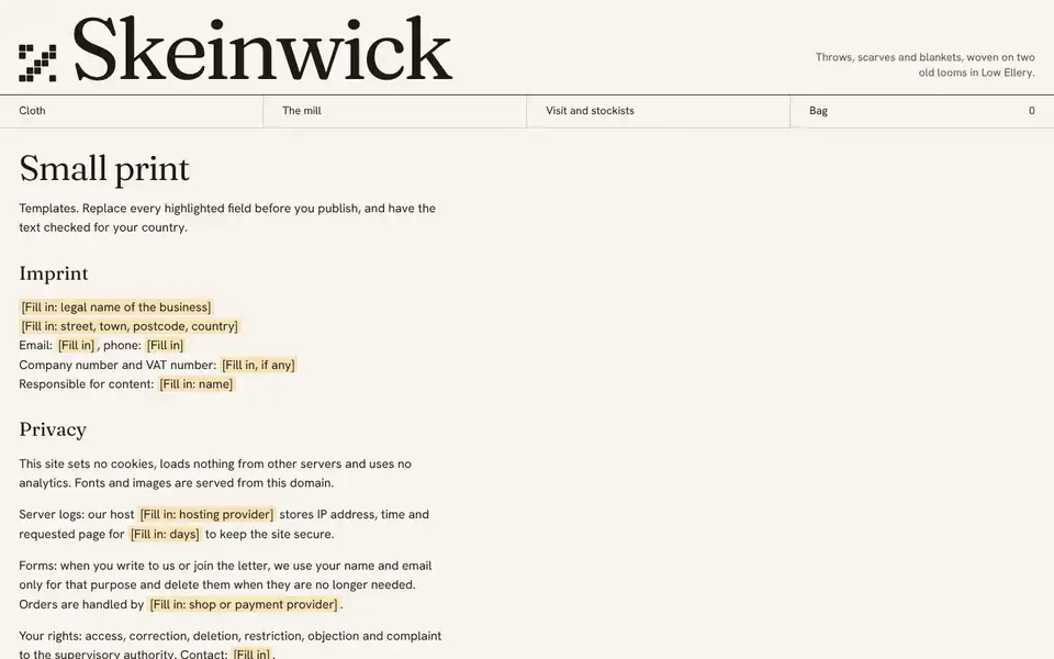 Skeinwick, page "Imprint, privacy, accessibility (templates)", first screen