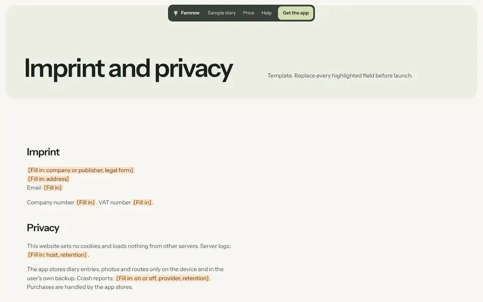 Fernrow, Seite „Imprint, privacy, accessibility (template)“, erster Bildschirm