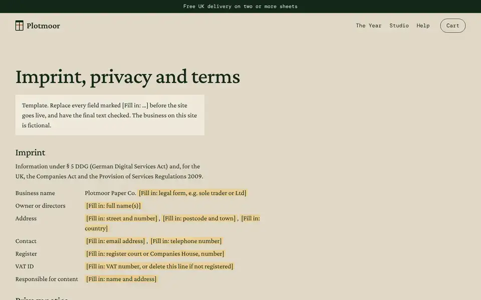 Plotmoor, Seite „Imprint, privacy and terms (template)“, erster Bildschirm