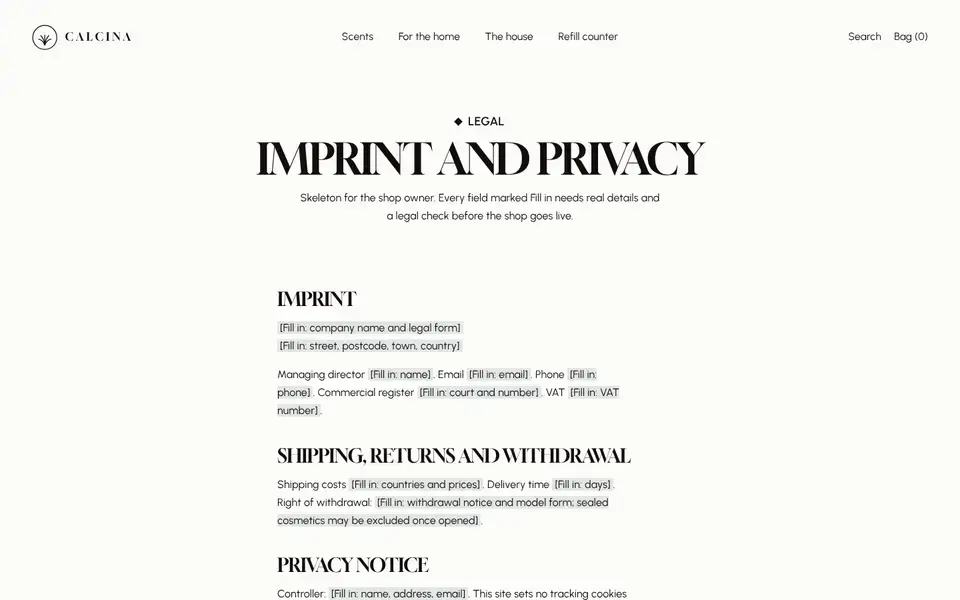 Calcina, page "Imprint, shipping, privacy, accessibility", first screen