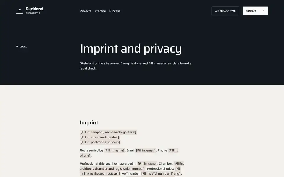 Ryckland, page "Imprint, privacy and accessibility", first screen
