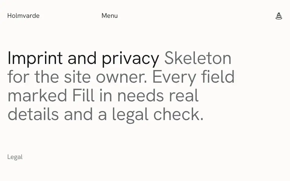 Holmvarde, page "Imprint, privacy and accessibility", first screen