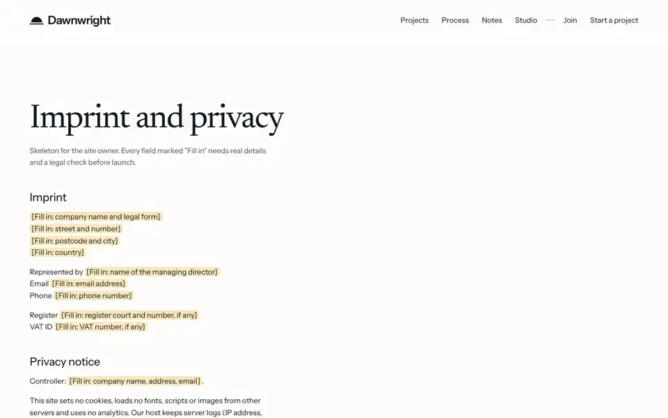 Dawnwright, Seite „Imprint, privacy and accessibility“, erster Bildschirm